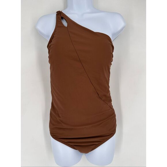 Lands' End Tummy Control UPF 50 Asymmetrical Swimsuit Brown SZ 14 Large - Picture 2 of 11